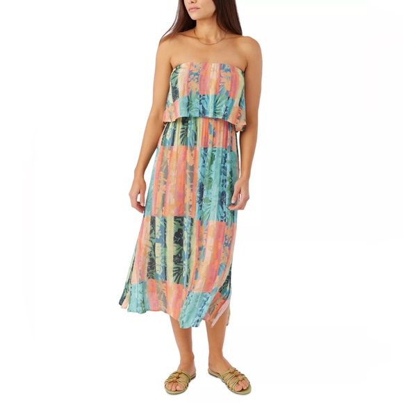 O'Neill Dresses & Skirts - O'Neill Koia Multi Colored Tropical Strapless Off The Shoulder Midi Slit Dress